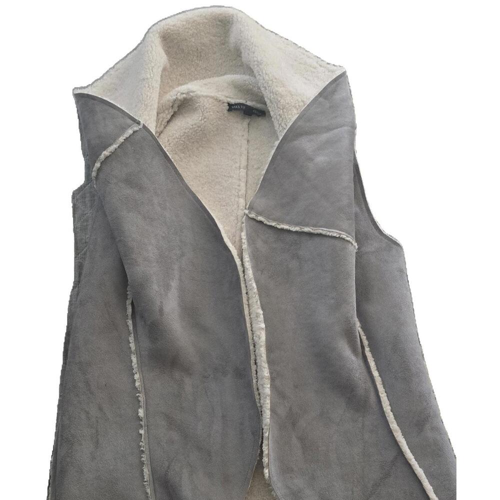 Saks Fifth Avenue Faux Suede Shearling Vest, Gray/ Taupe Color, XS